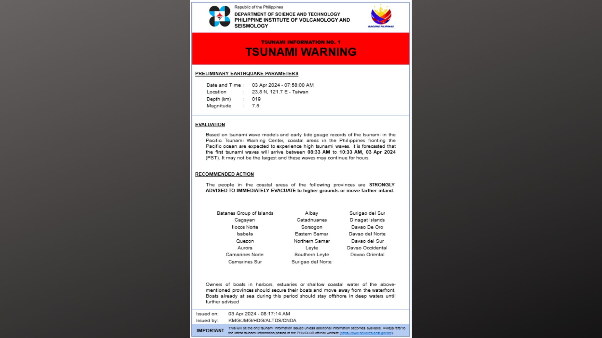 BREAKING: Tsunami warning, itinaas ng PHIVOLCS sa mga dalampasigan ng bansa matapos ang magnitude 7.5 na lindol sa Taiwan