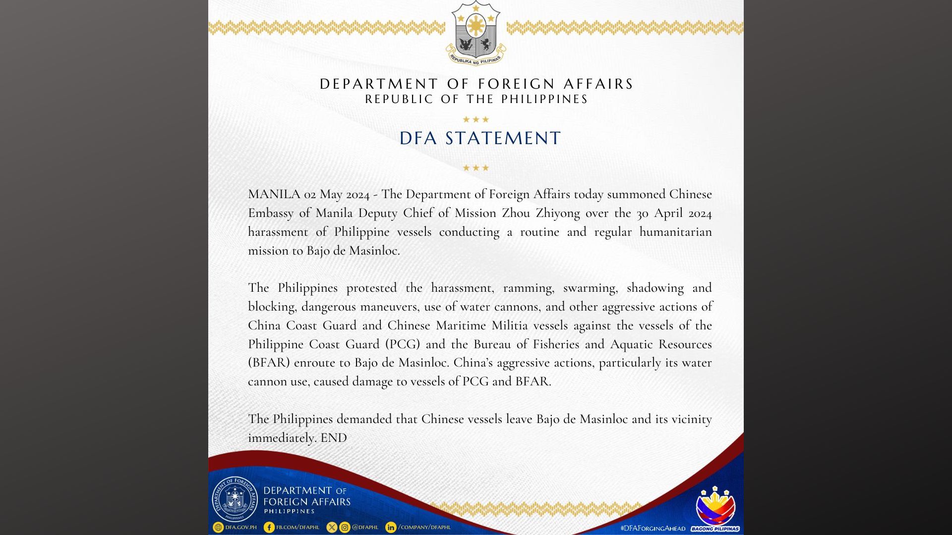 Deputy Chief of Mission Zhou Zhiyong ipinatawag ng DFA kasunod ng panibagong insidente ng harassment sa Bajo de Masinloc