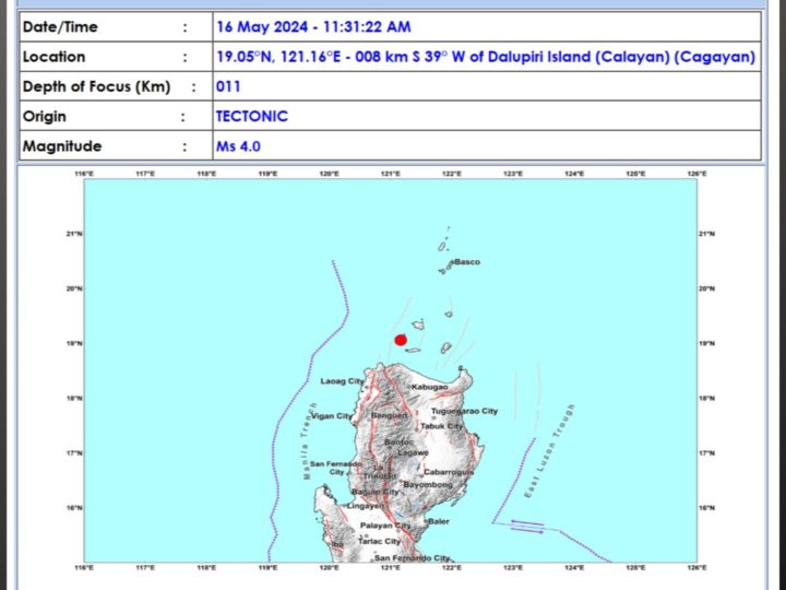 Calayan, Cagayan niyanig ng magnitude 4.0 na lindol