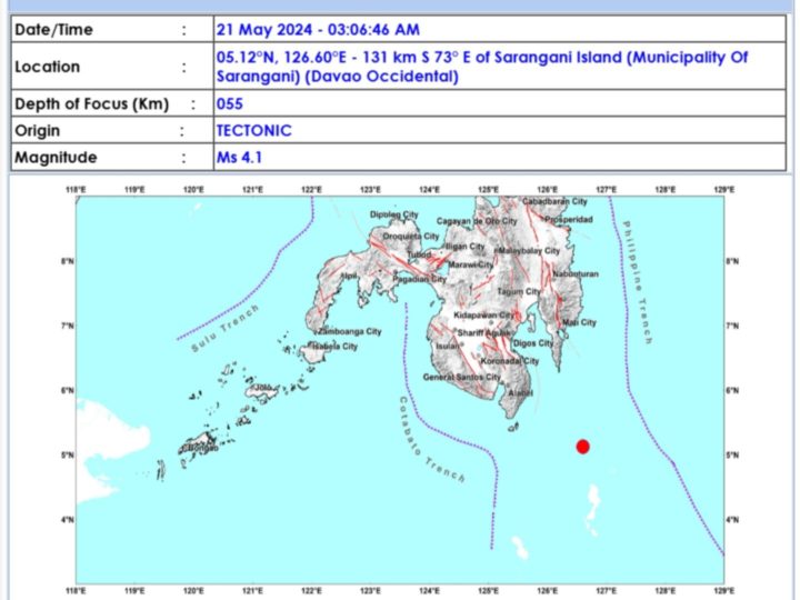 Davao Occidental niyanig ng magnitude 4.1 na lindol