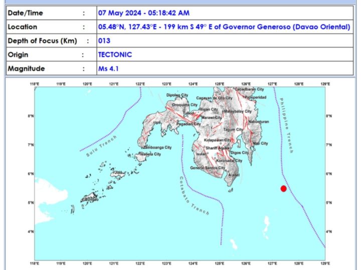 Davao Oriental niyanig ng magnitude 4.1 na lindol