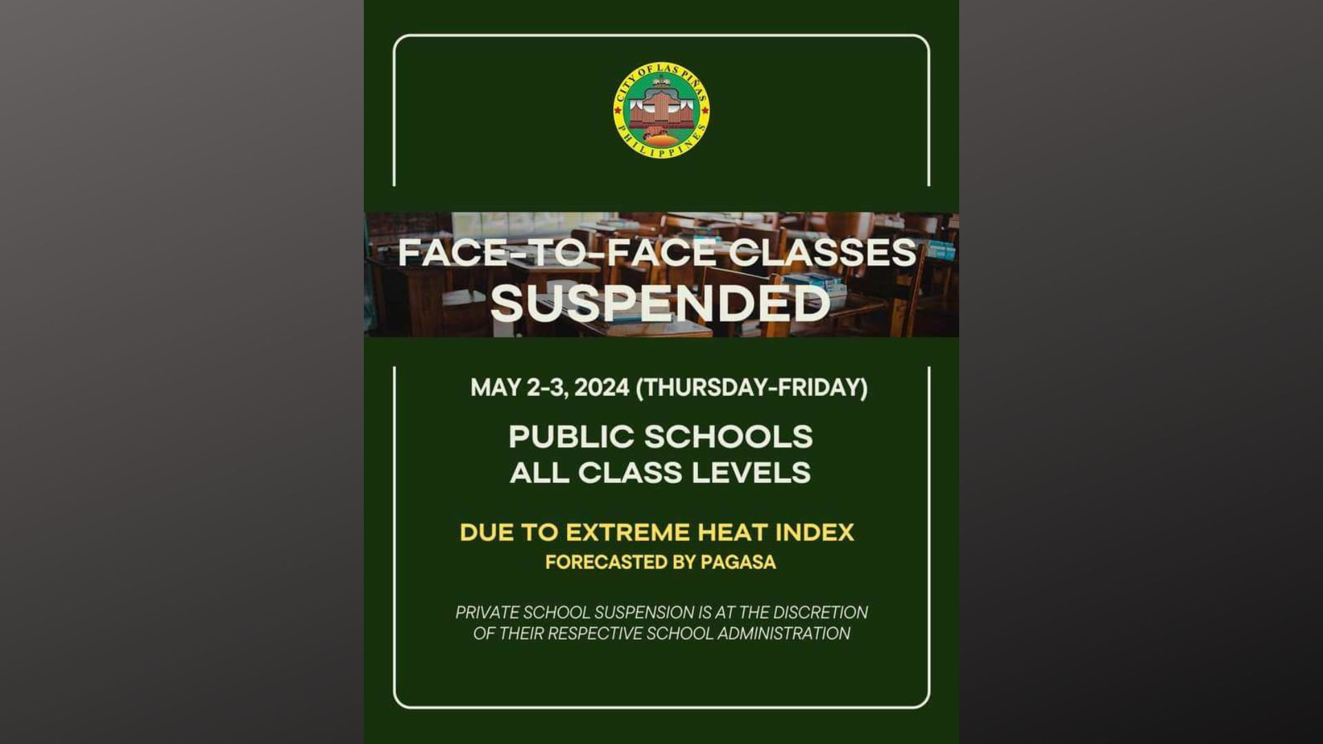 F2F classes sa Las Piñas suspendido hanggang May 3