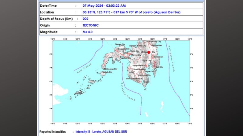Agusan del Sur niyanig ng magnitude 4.0 na lindol
