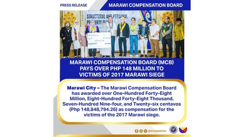 Halaga ng kompensasyon na naipamahgi sa mga bitkima ng Marawi Siege umabot na sa P1248M