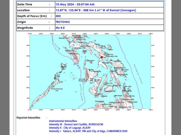 Donsol, Sorsogon niyanig g magnitude 4.0 na lindol
