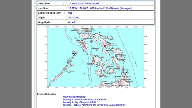 Donsol, Sorsogon niyanig g magnitude 4.0 na lindol