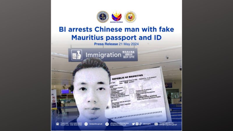 Chinese national na gumamit ng pekeng Mauritius Passport at ID, arestado ng BI