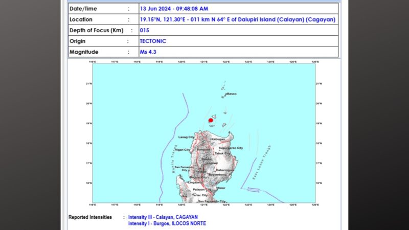 Calayan, Cagayan niyanig ng magnitude 4.3 na lindol