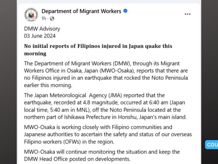 Walang Pinoy na nasaktan sa magnitude 5.9 na lindol sa Japan – DMW