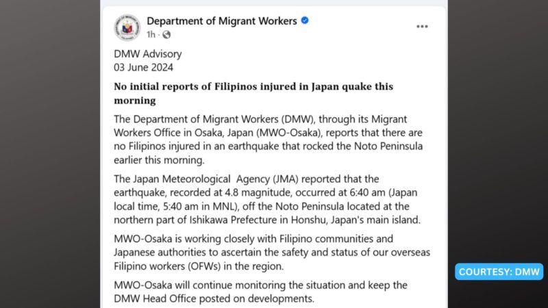Walang Pinoy na nasaktan sa magnitude 5.9 na lindol sa Japan – DMW