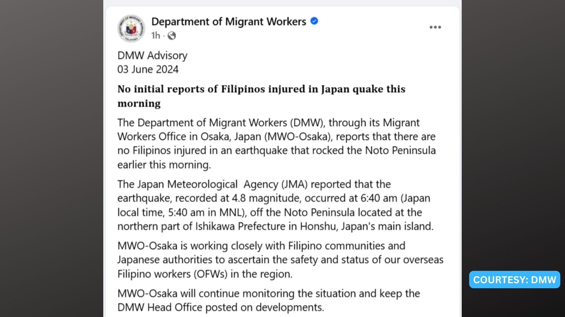 Walang Pinoy na nasaktan sa magnitude 5.9 na lindol sa Japan – DMW