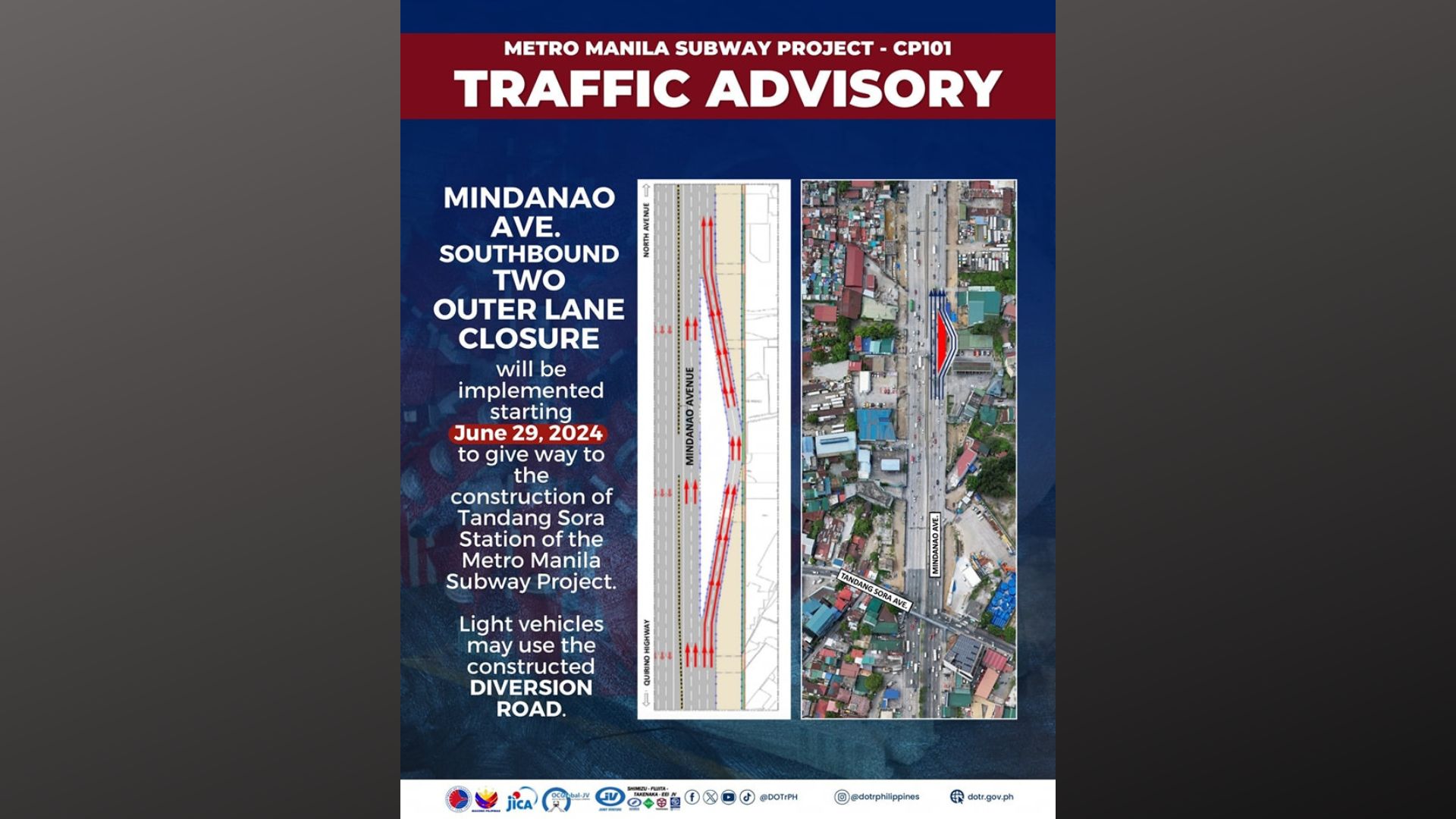 Bahagi ng Mindanao Avenue isasara sa mga motorista para bigyang-daan ang kontruksyon ng Tandang Sora Station ng Metro Manila Subway