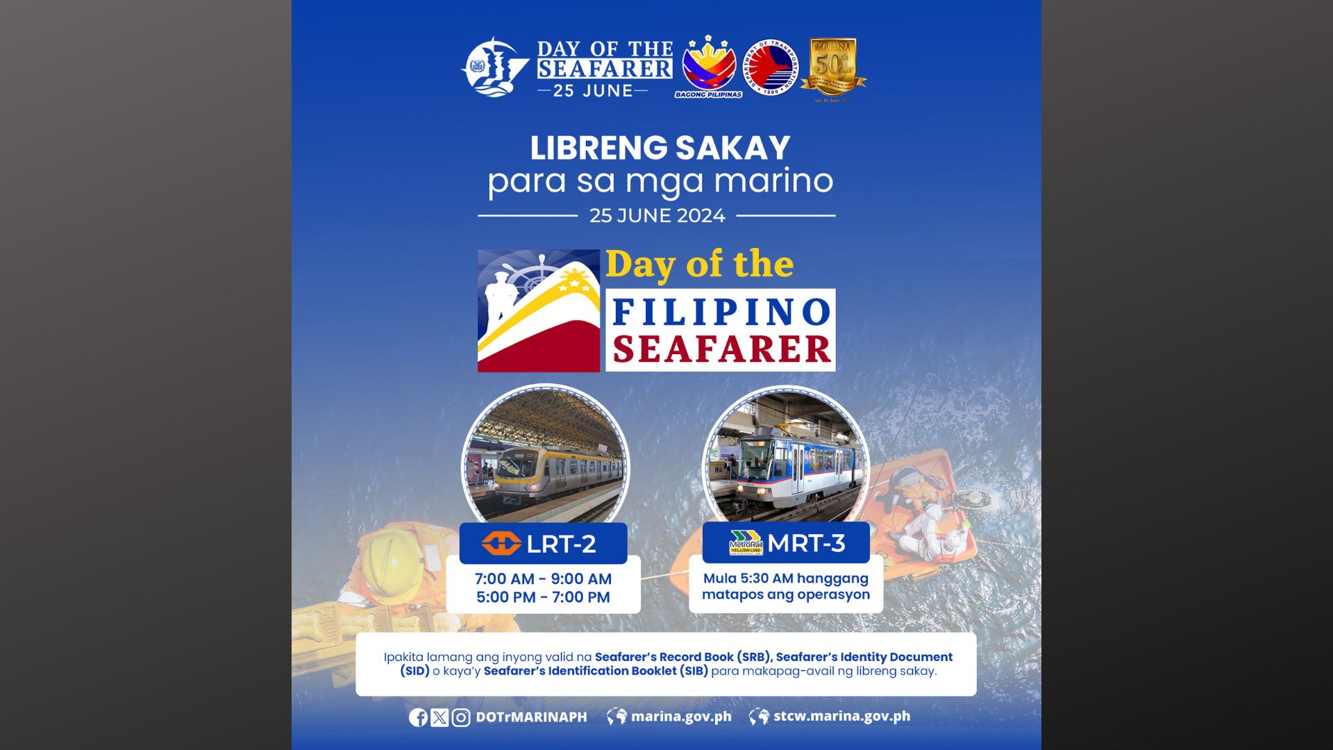 LRT-2, MRT-3 may alok na libreng sakay sa mga seafarer sa paggunita ng Day of the Filipino Seafarer