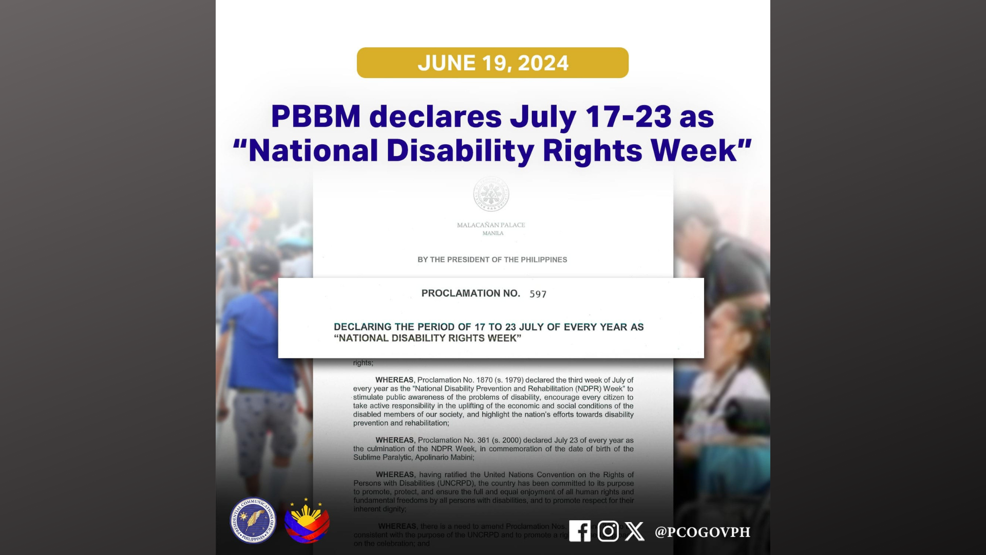“National Disability Rights Week” gugunitain taun-taon tuwing July 17 hanggang 23