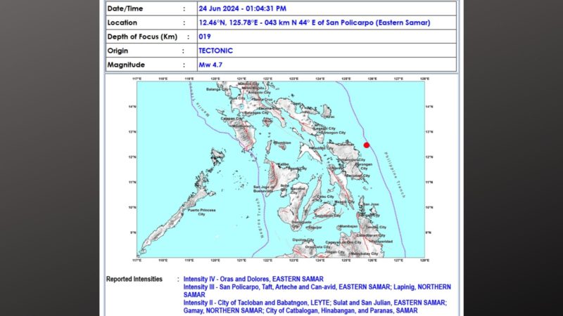 San Policarpo, Eastern Samar niyanig ng magnitude 4.7 na lindol
