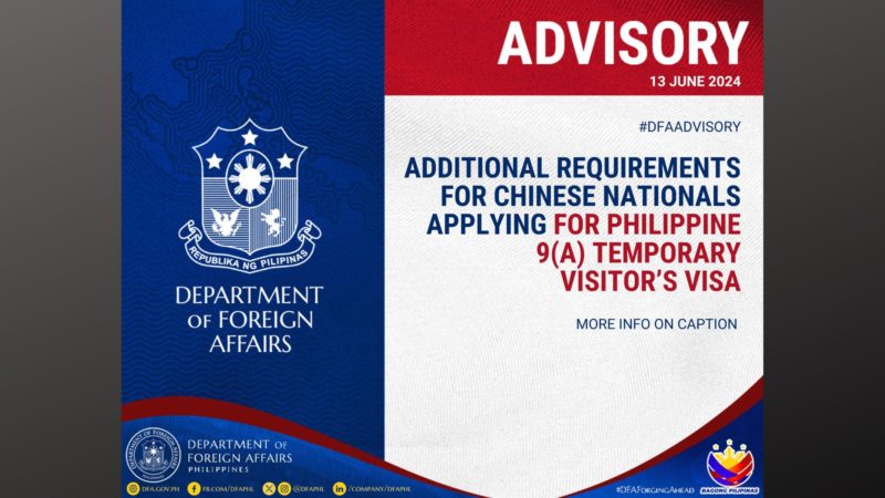DFA naglabas ng abiso sa dagdag na requirement para sa mga Chinese national na kukuha ngTemporary Visitor’s Visa