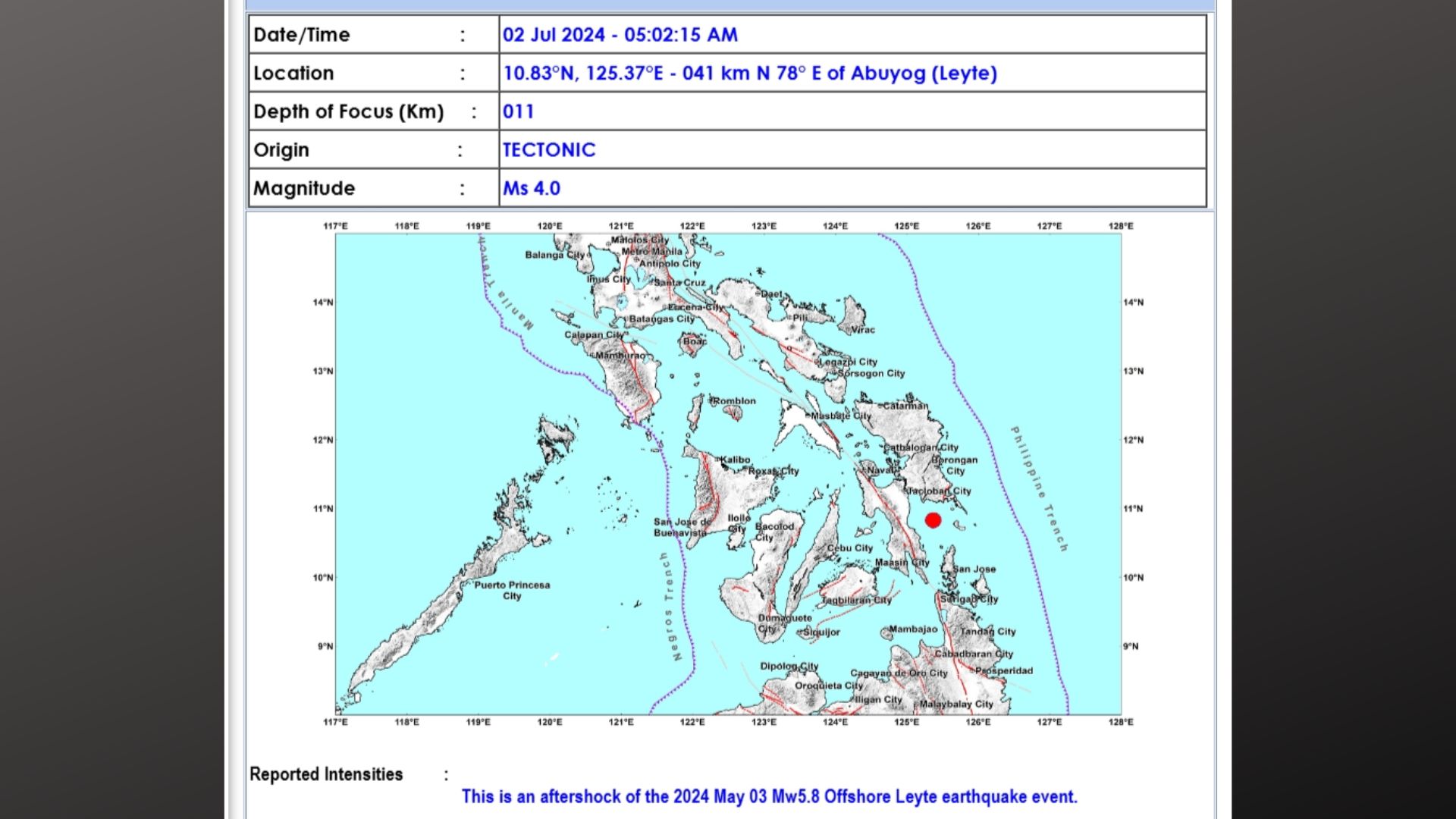 Abuyog, Leyte niyanig ng magnitude 4.0 na lindol