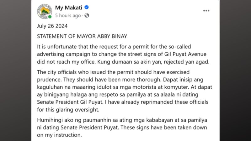 “Gil Tulog” street signs sa Makati pinabaklas ni Mayor Binay