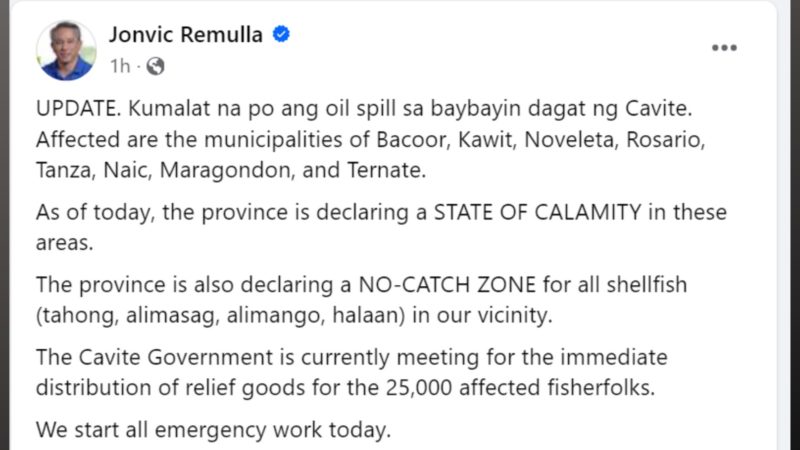 8 munisipalidad sa Cavite isinailalim sa state of calamity dahil sa oil spill