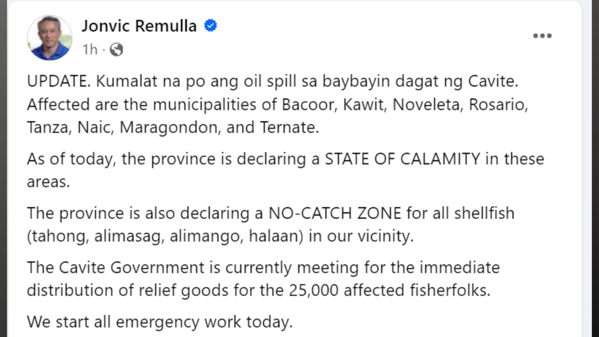 8 munisipalidad sa Cavite isinailalim sa state of calamity dahil sa oil spill