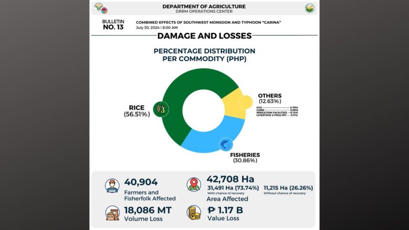Halaga ng pinsala ng bagyong Carina at Habagat sa pananim at livestock, umabot na sa P1.17B