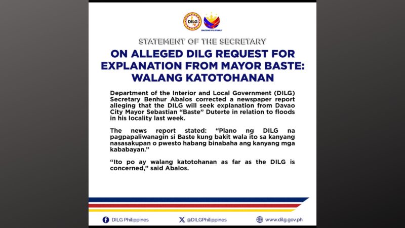 Ulat na pagpapaliwanagin ng DILG si Mayor Baste Duterte, hindi totoo ayon kay Sec. Abalos