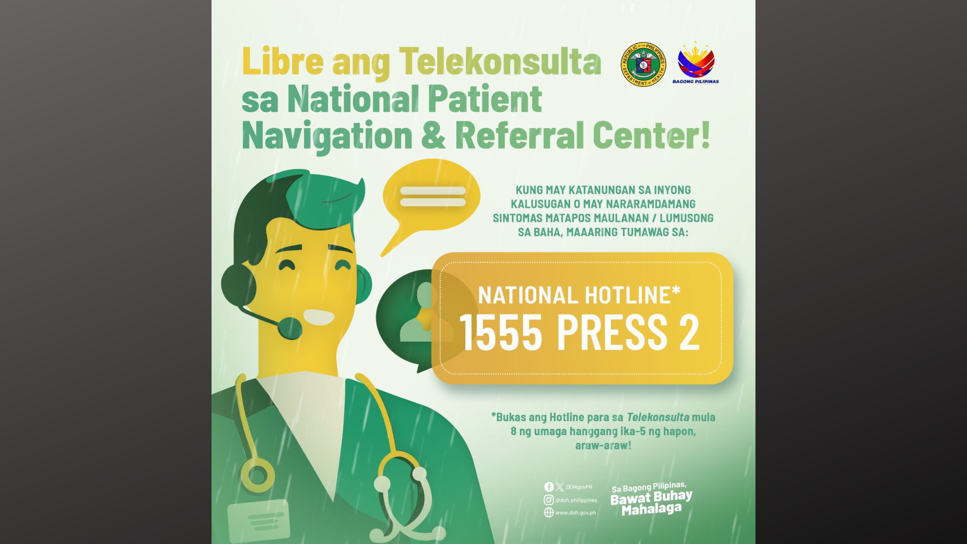 Mga makararanas ng sintomas matapos ang malawakang pag-ulan at pagbaha, pinayuhang tumawag sa libreng Telekonsulta ng DOH