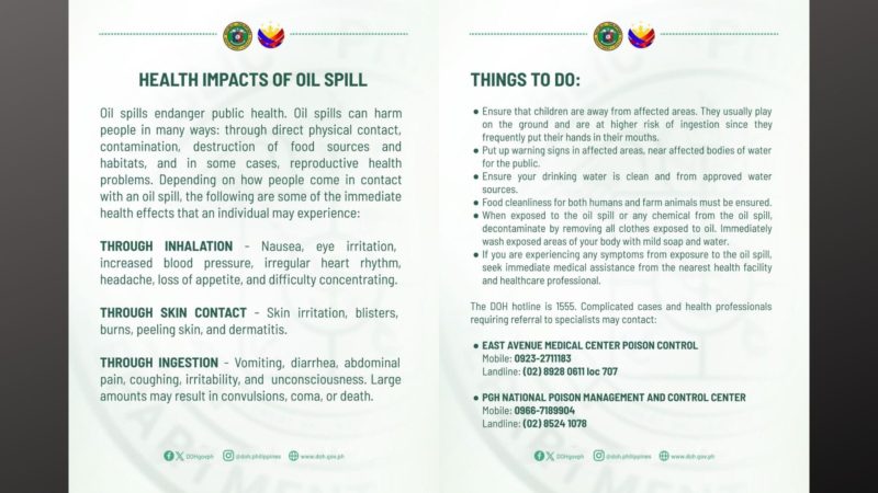 DOH may paalala sa mga residente sa lugar na apektado ng oil spill