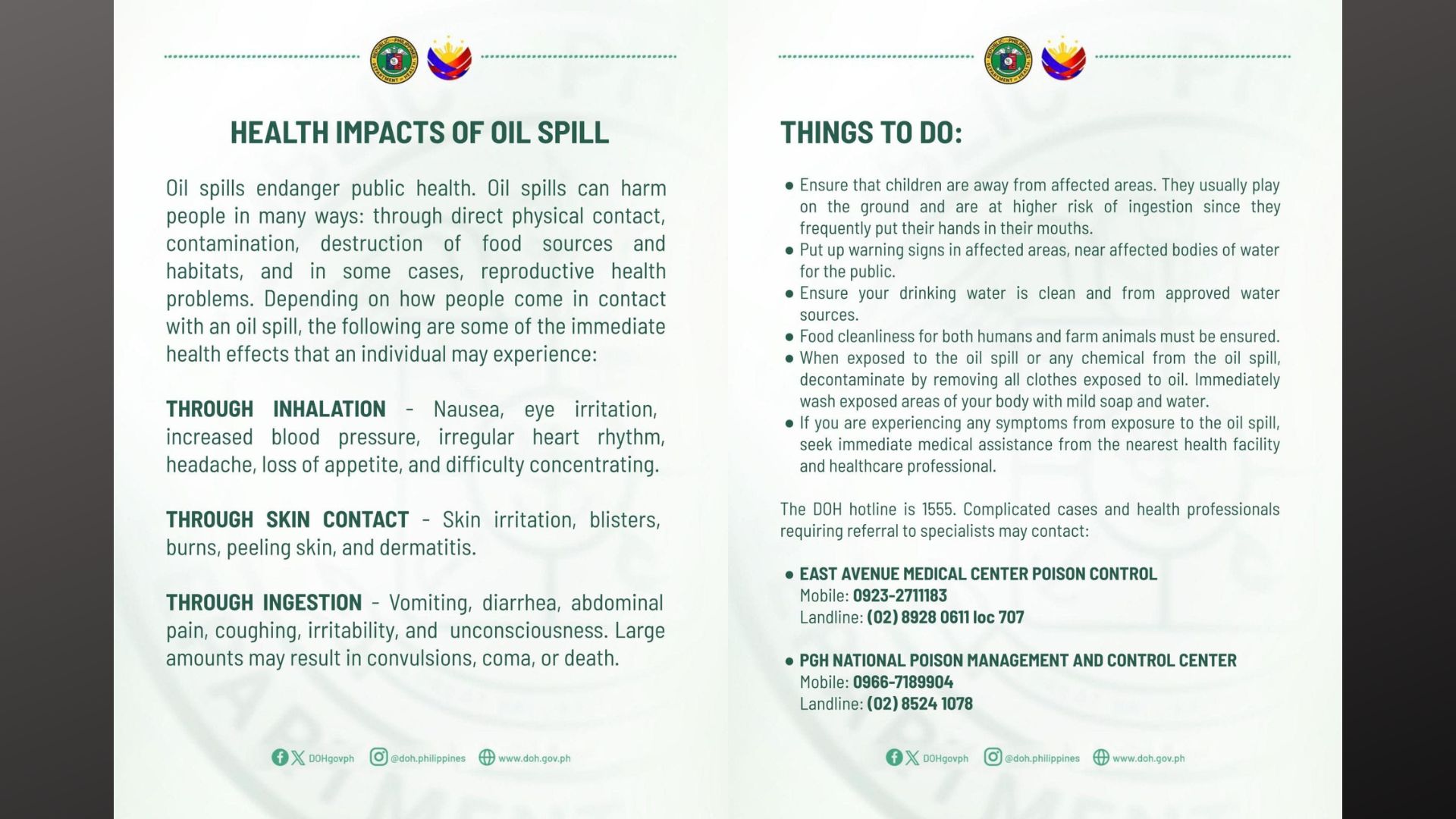 DOH may paalala sa mga residente sa lugar na apektado ng oil spill