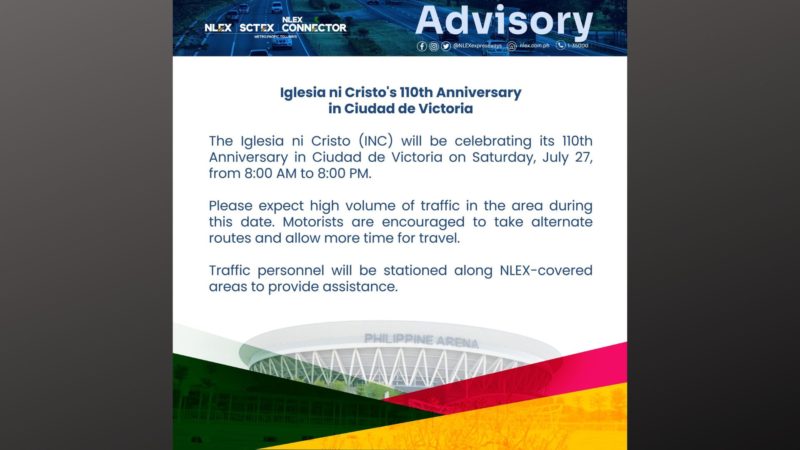 Mga motorista inabisuhan sa posibleng pagsisikip ng traffic sa NLEX sa Sabado (Jul. 27)