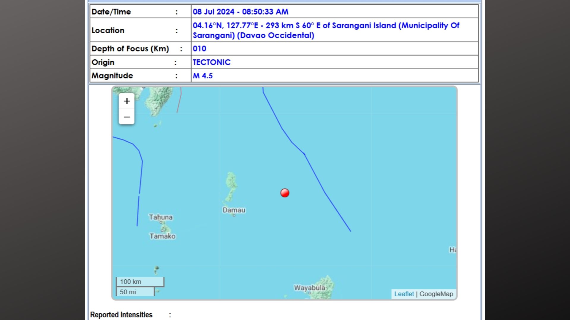 Davao Occidental niyanig ng magnitude 4.5 na lindol