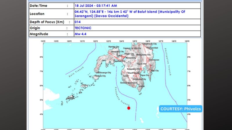 Davao Occidental niyanig ng magnitude 4.4 na lindol