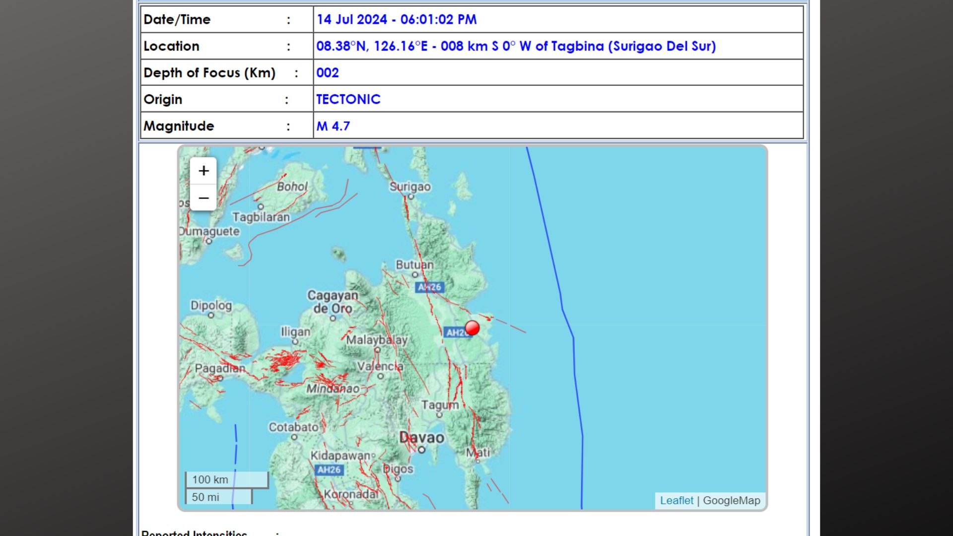 Surigao del Sur niyanig ng magnitude 4.7 na lindol