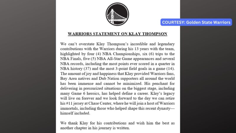 Warriors pinasalamatan si Klay Thompson sa mga naiambag nito sa koponan matapos magpasyang lumipat sa Dallas Mavericks