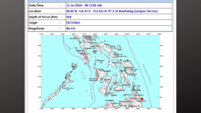 Surigao del Sur niyanig ng magniude 4.0 na lindol