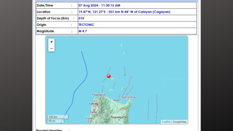 Calayan, Cagayan niyanig ng magnitude 4.7 na lindol