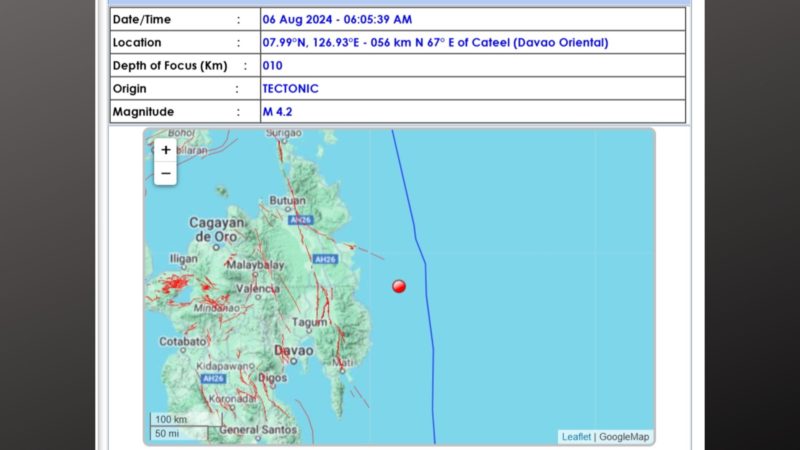 Davao Oriental niyanig ng magnitude 4.2 na lindol