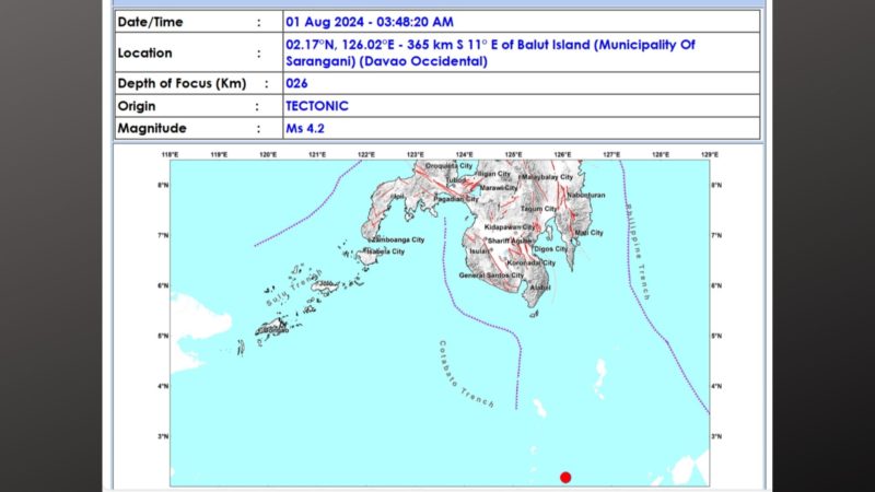 Davao Occidental niyanig ng magnitude 4.2 na lindol