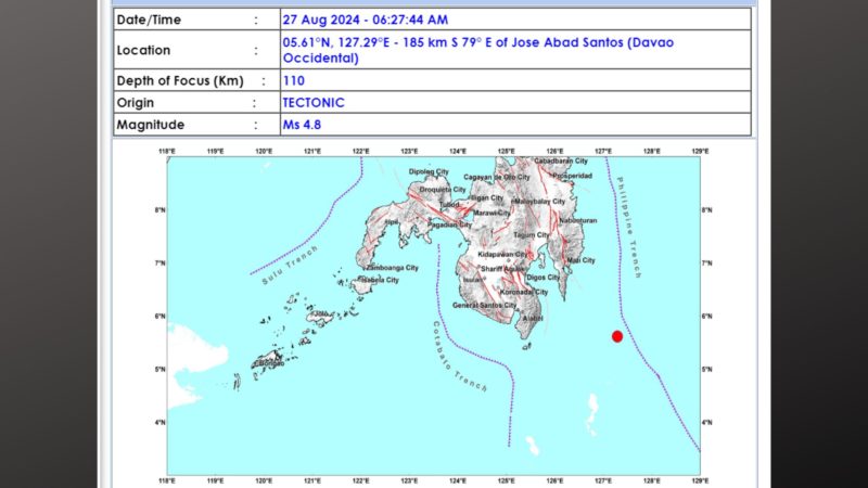 Davao Occidental niyanig ng magnitude 4.8 na lindol