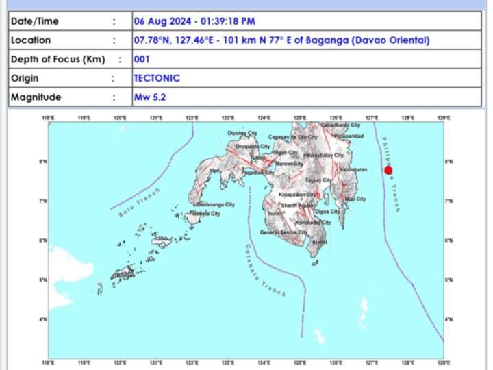 Davao Oriental niyanig ng magnitude 5.2 na lindol