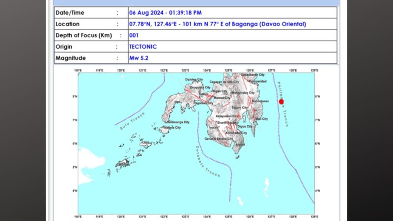 Davao Oriental niyanig ng magnitude 5.2 na lindol