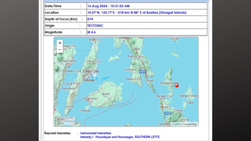 Dinagat Islands niyanig ng magnitude 4.6 na lindol