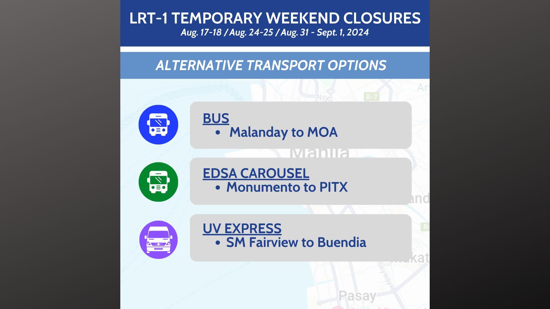 BASAHIN: Alternatibong transport options para sa ipatutupad na weekend closure ng LRT-1