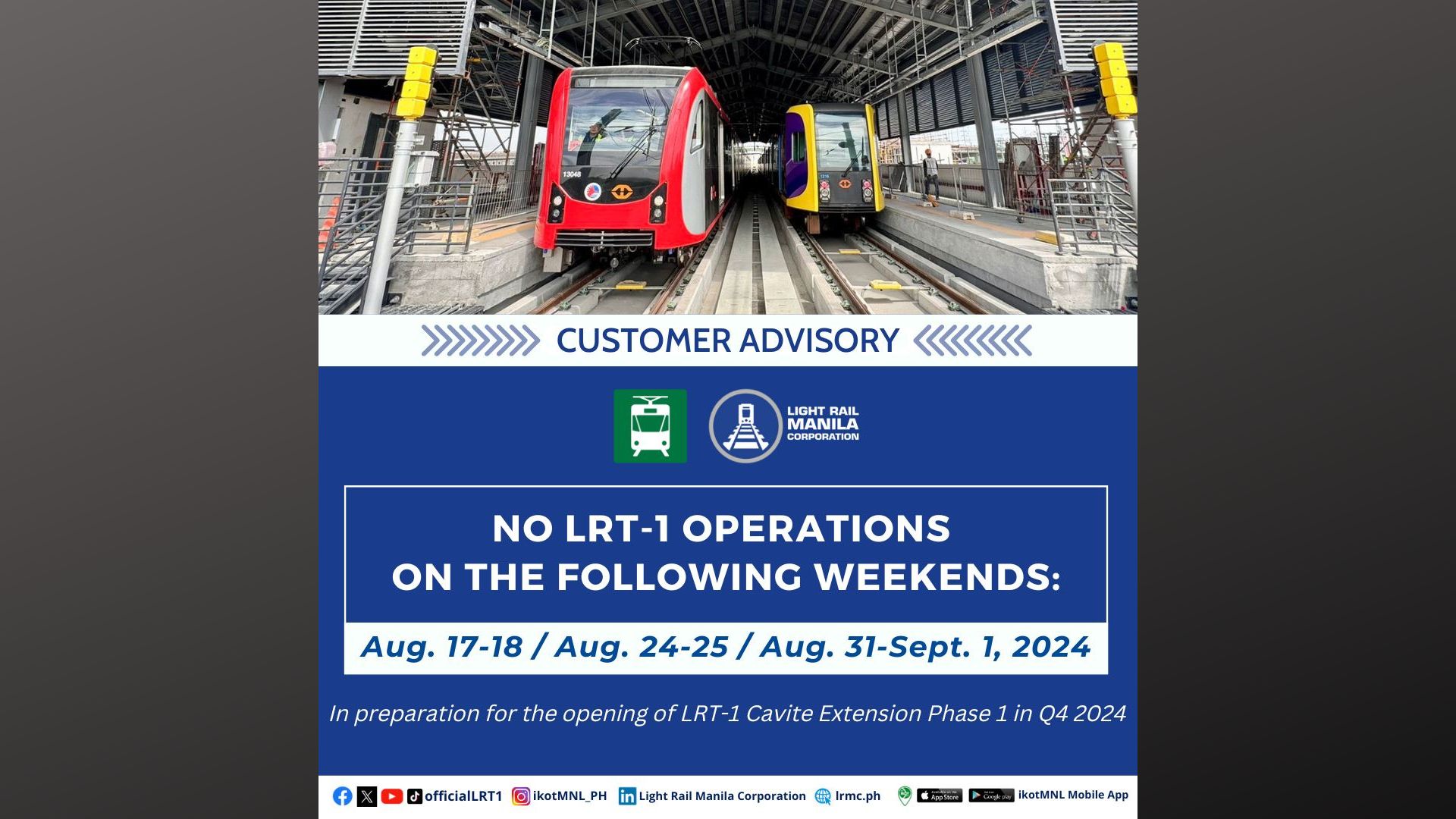 LRT-1 hihinto ang operasyon sa tatlong magkakasunod na weekend - News Flash