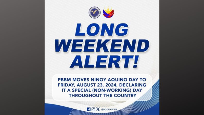 Aug. 23 to Aug. 26 long weekend: Holiday para sa Ninoy Aquino Day inilipat ni PBBM sa Aug. 23