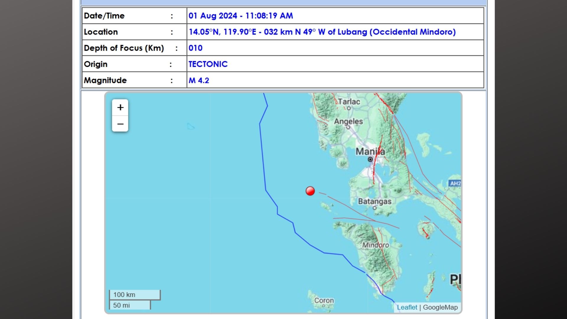 Occidental Mindoro niyanig ng magnitude 4.2 na lindol