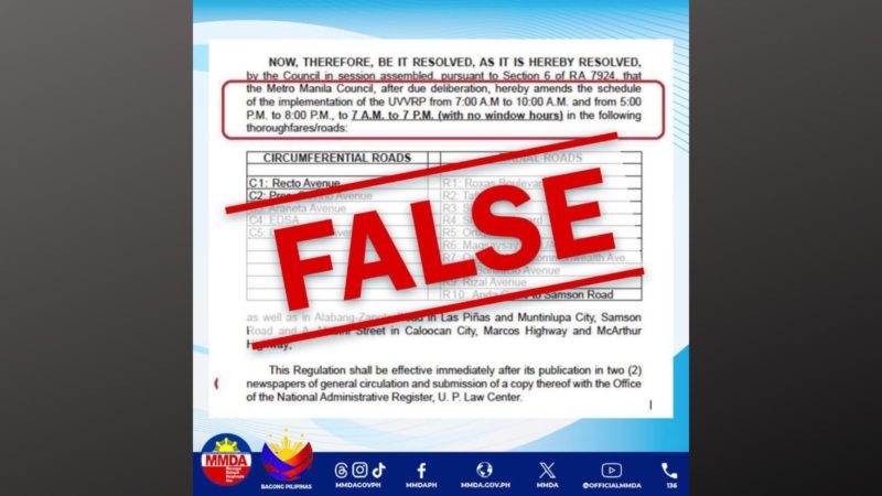 Pagbabago sa oras ng number coding, hindi totoo ayon sa MMDA