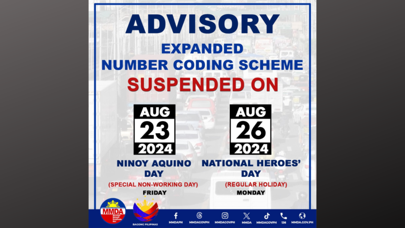 Number coding suspendido sa Aug. 23 at Aug. 26