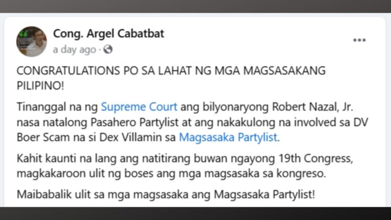 Desisyon ng Korte Suprema sa pagdedeklara ng nararapat na representative ng Magsasaka Partylist pinuri ni Rep. Argel Cabatbat