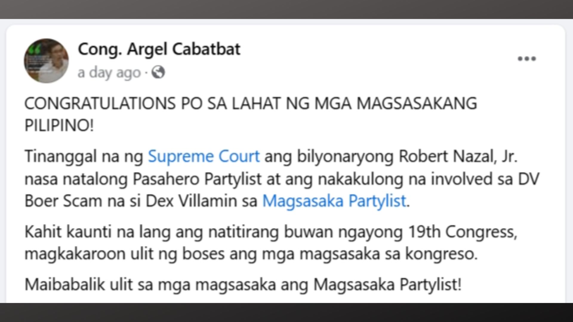 Desisyon ng Korte Suprema sa pagdedeklara ng nararapat na representative ng Magsasaka Partylist pinuri ni Rep. Argel Cabatbat